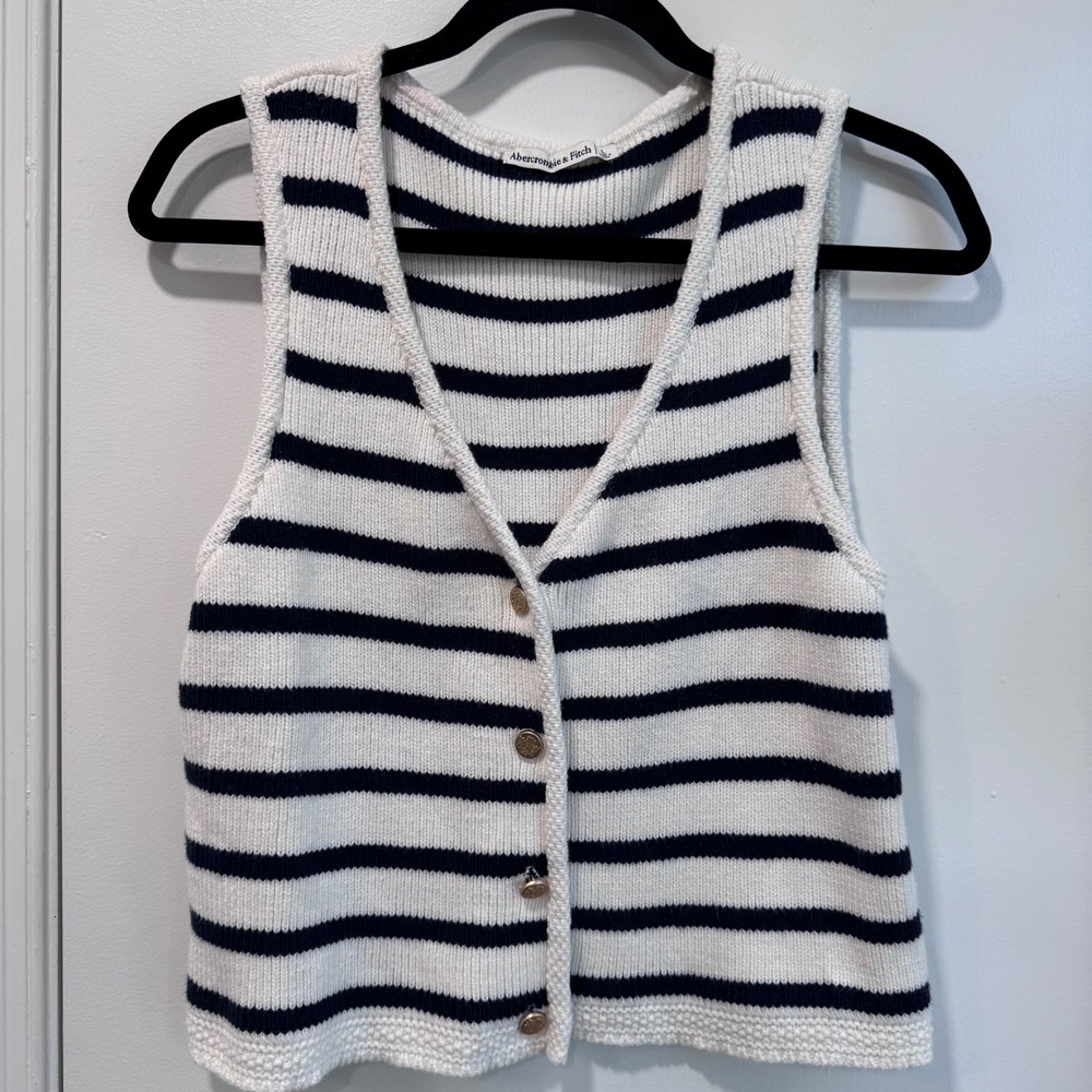 Abercrombie Fitch Striped Knit Button Front Vest Women Size L Navy White